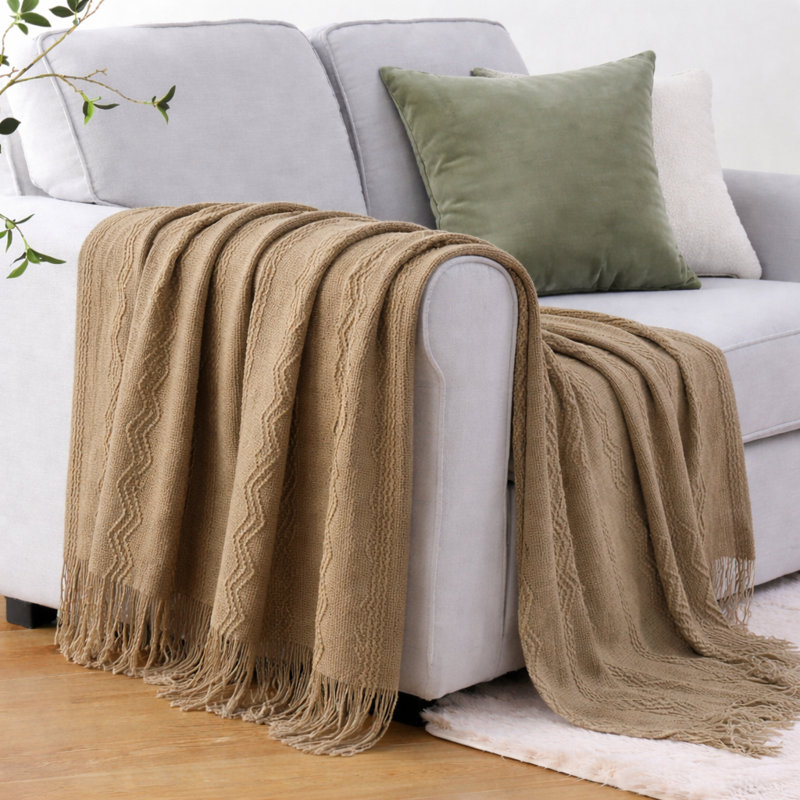 Jeté beige douillet tricoté avec frange - texture douce tissée texturée, 50 po x 60 po, Beige