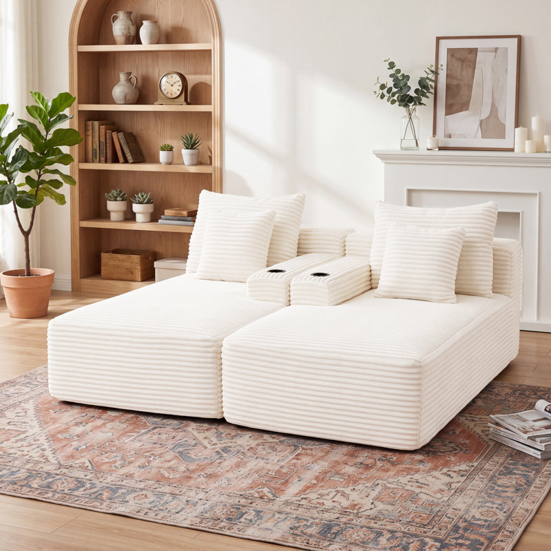 Canapé modulaire modulaire en velours côtelé avec assise profonde, porte-gobelets et poches de rangement latérales, sans assemblage