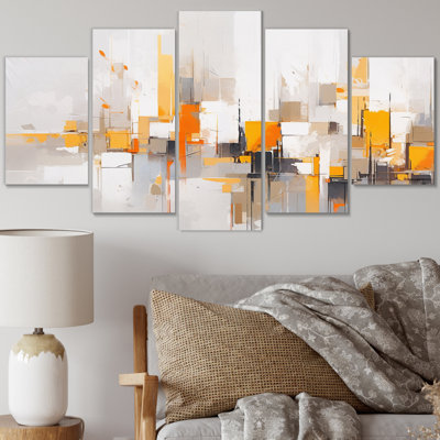 Grey Yellow Symmetrical Abstract - Cubism Canvas Print - 5 Panels