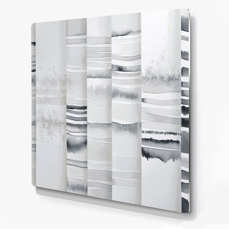 Horizontale rayée blanche neige, gris clair, bleu, métal, art mural, H 12 po x l 12 po