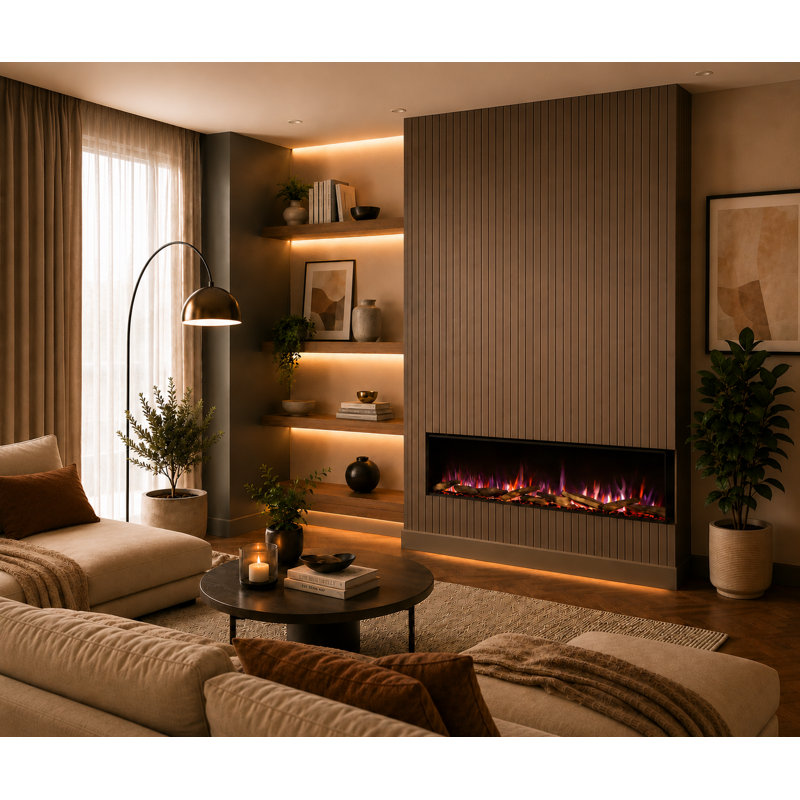 FLAMME Knighton 1/2/3-Sided Electric Media Wall Fireplace, App Control, 2 Heat Settings 900-1800W, Logs & Crystals Included