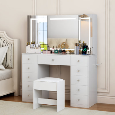 Makeup Vanity Desk With Lighted Mirror & Power Outlet, Dresser Table With 3 Lighting Modes, Hidden Storage