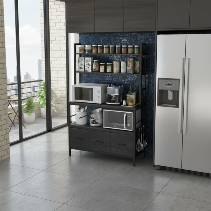 5-Tier Freestanding Metal Storage Rack With Integrated Microwave Rack, Hooks And Baskets, Perfect For Kitchen Organization.