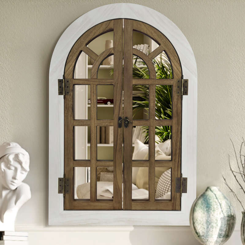 Miroir mural de fenêtre en bois Farmhouse, 36 po x 24 po, Blanc / bois naturel