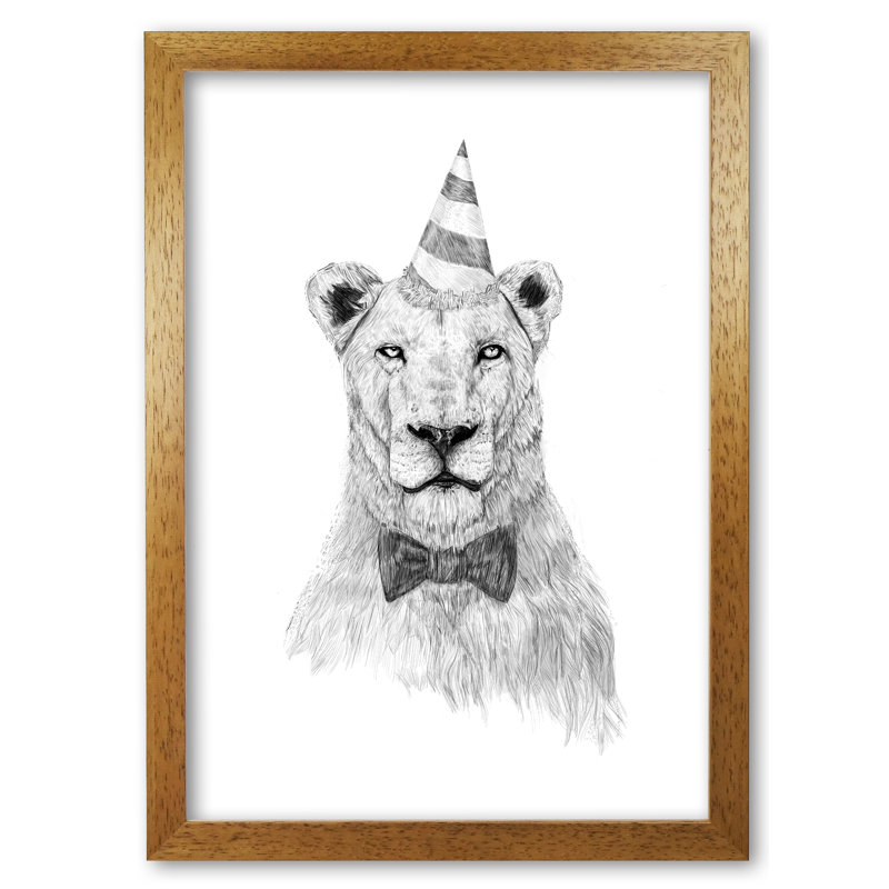 Get The Party Started Lion by Mercedes Lopes Charro - Wrapped Canvas Print, Honey Oak, 42 cm H x 29.7 cm W x 5 cm D, Grey