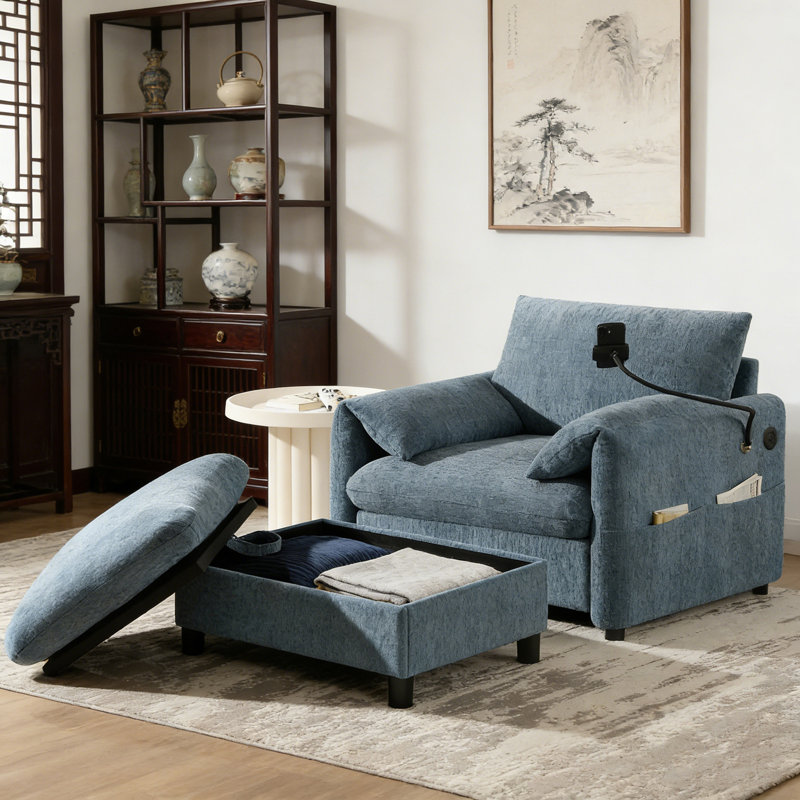 Canapé simple avec repose-pieds et poches de rangement, Bleu