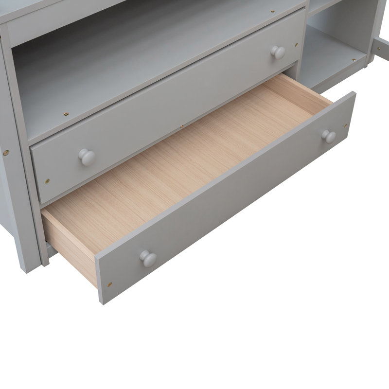 Lit mezzanine double en bois avec bureau et 2 tiroirs Hadi, Grey