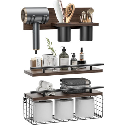 Bathroom Floating Shelves With Hair Dryer Holder - Wall Mounted Wood Wall Shelf With Blow Dryer Storage Over The Toilet - Set Of 3 Rustic Brown Farmhouse Decor