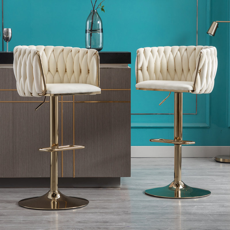 Luxury Velvet Bar Stools with Gold Metal Base, Adjustable Height Swivel Bar Chairs with Armrests for Kitchen Island, Bar, Modern Home Decor（Beige）（Set of 2）