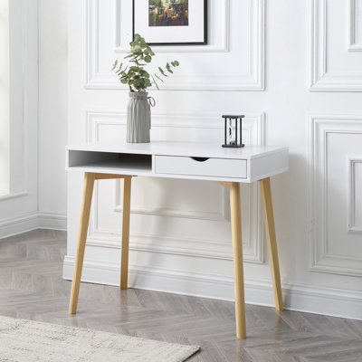 Modern White Writing Desk with Natural Wood Legs - 35-inch Compact Home Office Workstation with 2 Storage Drawers