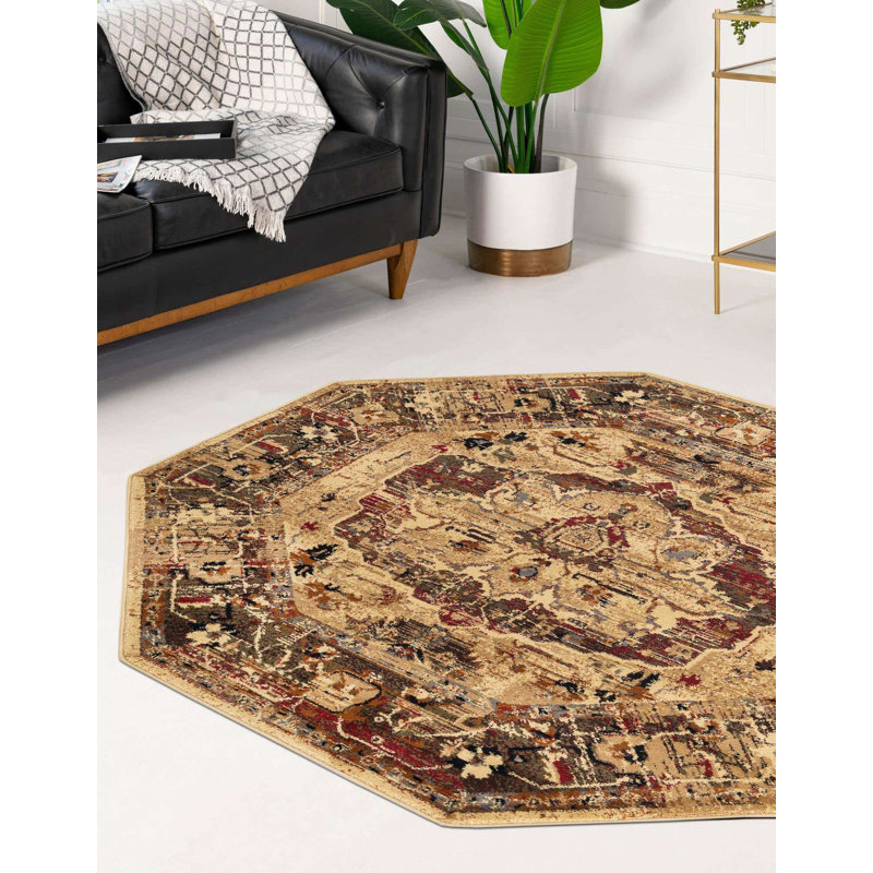 Tapis abstrait brun / rouge Alameda, Octogone 5 pi 3 po x 5 pi 3 po