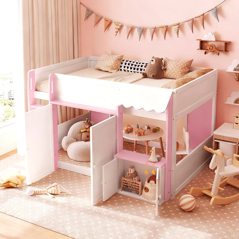 Lit mezzanine double avec maisonnette et rangement, lit en bois moderne pour enfants / adolescents, Blanc / Rose