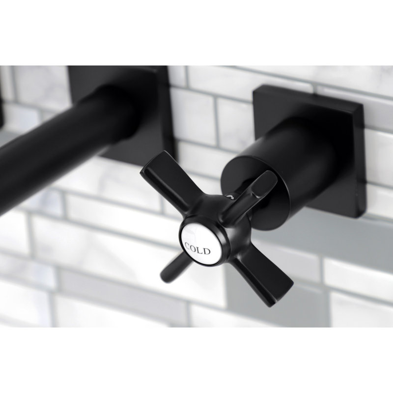 Kingston Brass Manhattan Two-Handle 3-Hole Wall Mount Roman Tub Faucet, Matte Black,  Cross White