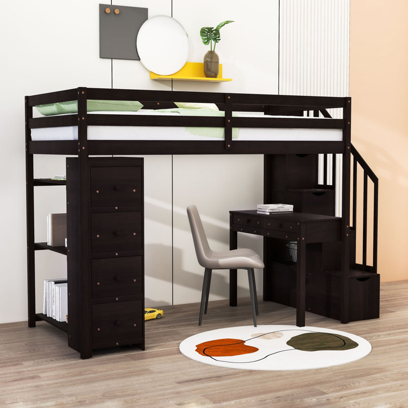Heuss Kids Twin Loft Bed with Drawers, Espresso