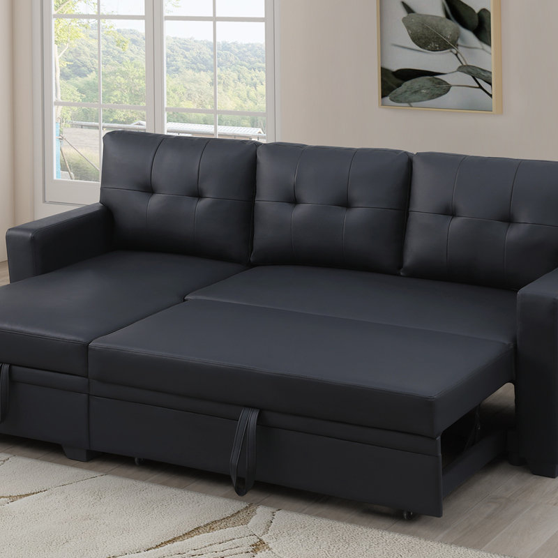 Convertible Upholstered Sectional Sofa with Pull-out Chaise, Right Hand Facing, Black Linen