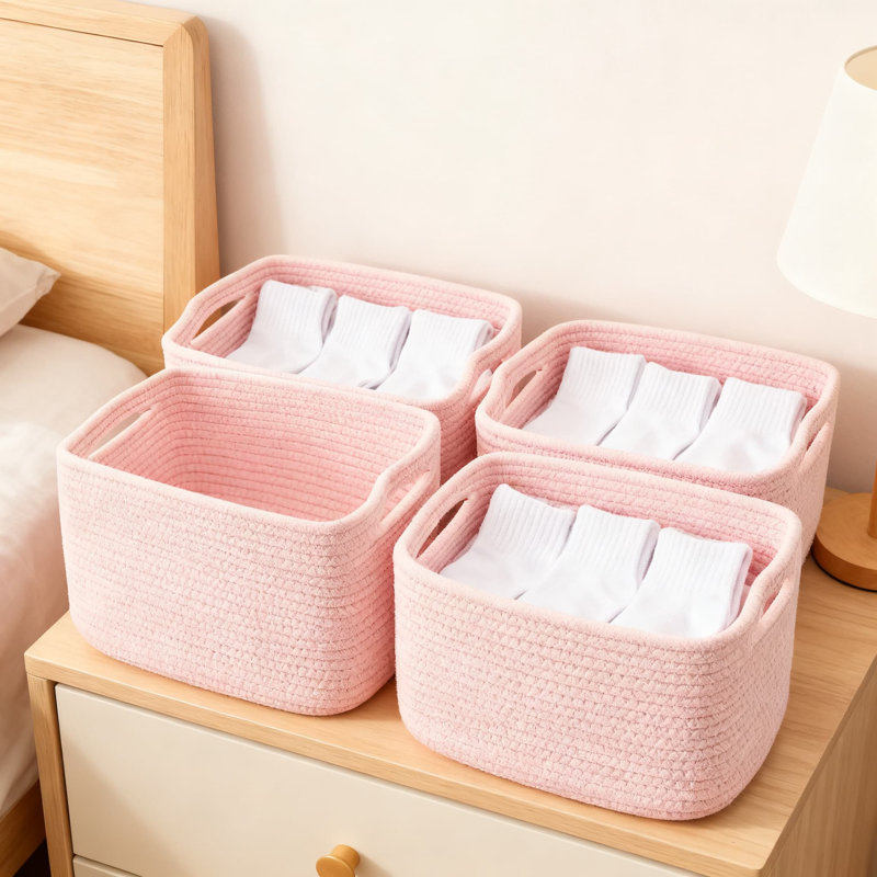 4 Pack Woven Storage Baskets With Handles, Collapsible Cotton Rope Organizer Bins For Nursery, Shelves, And Home Decor