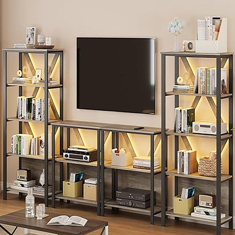 1 Pb+iron Back Strip With Light Bookshelf, Four Layers Retro Colour, (4 Shelves) 37.99"H x 7.87"W x 18.9"D, Grey