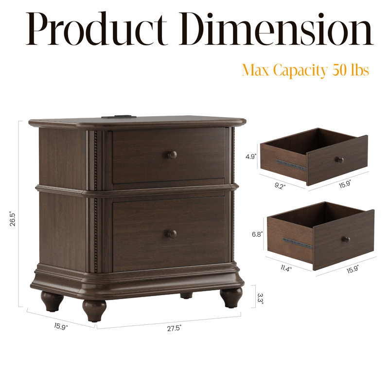Table de chevet 2 tiroirs Traditional en bois massif avec prise de courant intégrée et ports USB, finition noyer foncé