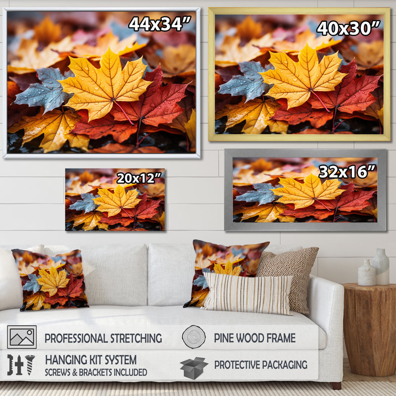 Jaune et orange feuilles d'automne I - arbre érable, art mural, Cadre de coin argenté fermé, H 12 po x l 20 po x P 1 po