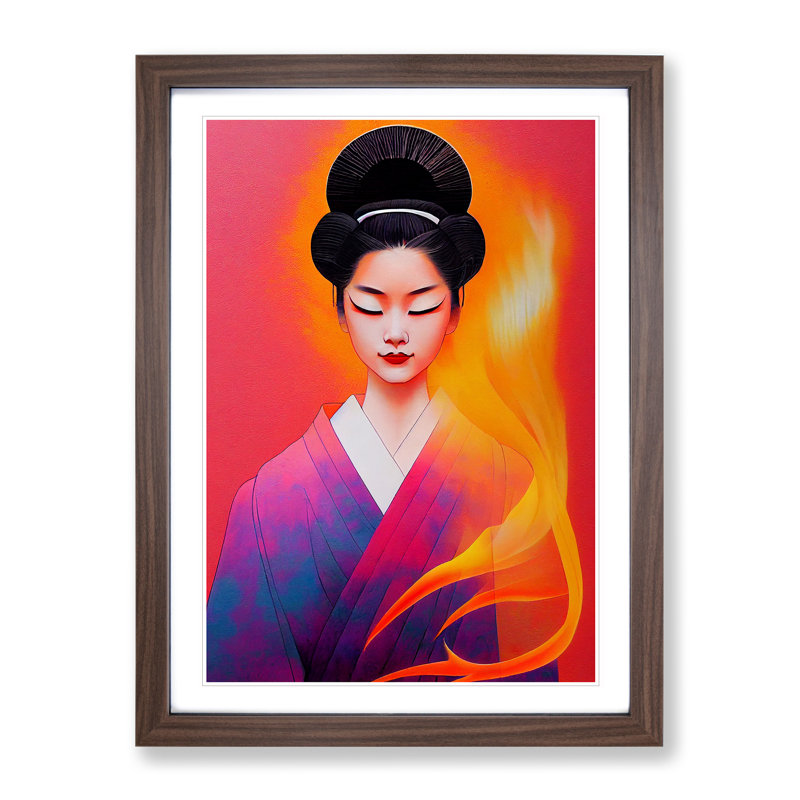 Geisha Flames - Single Picture Frame Painting, 34cm H x 25cm W x 2cm D, Walnut
