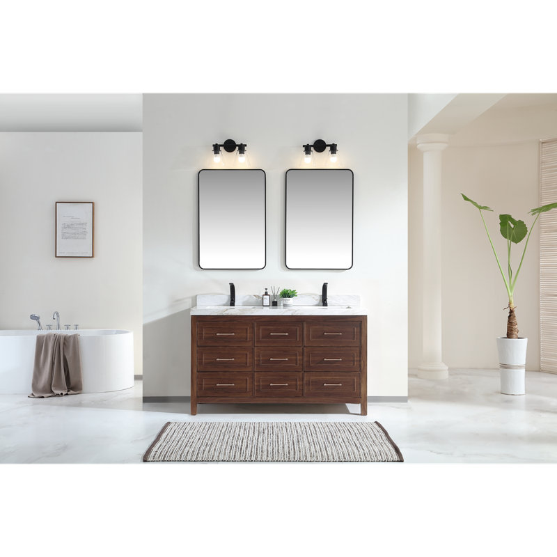 60" EBONY DOUBLE SINK VANITY DARK FINISH WITH WK-60D TOP 2" THICK WHITE NATURAL TOP, Brown, White