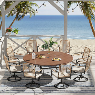 8-Person Round Patio Dining Set With Swivel Cushioned Rattan Chairs