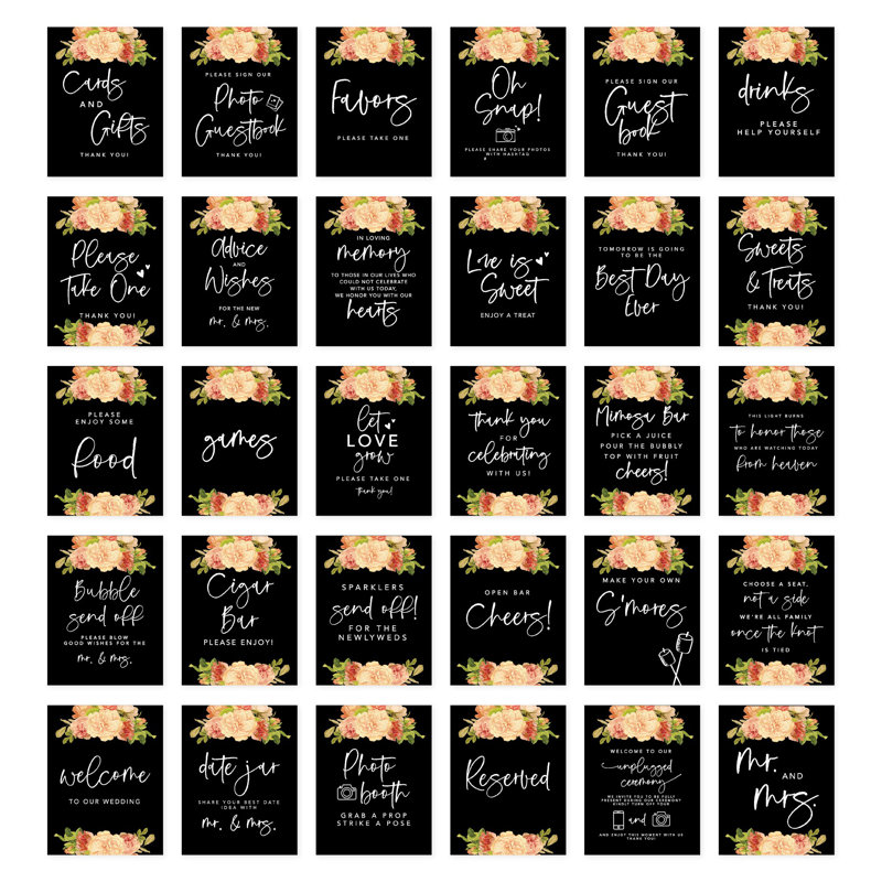 Ensemble de 30 panneaux de mariage noirs avec fleurs printanières, 8,5 x 11 po, paquet de 30