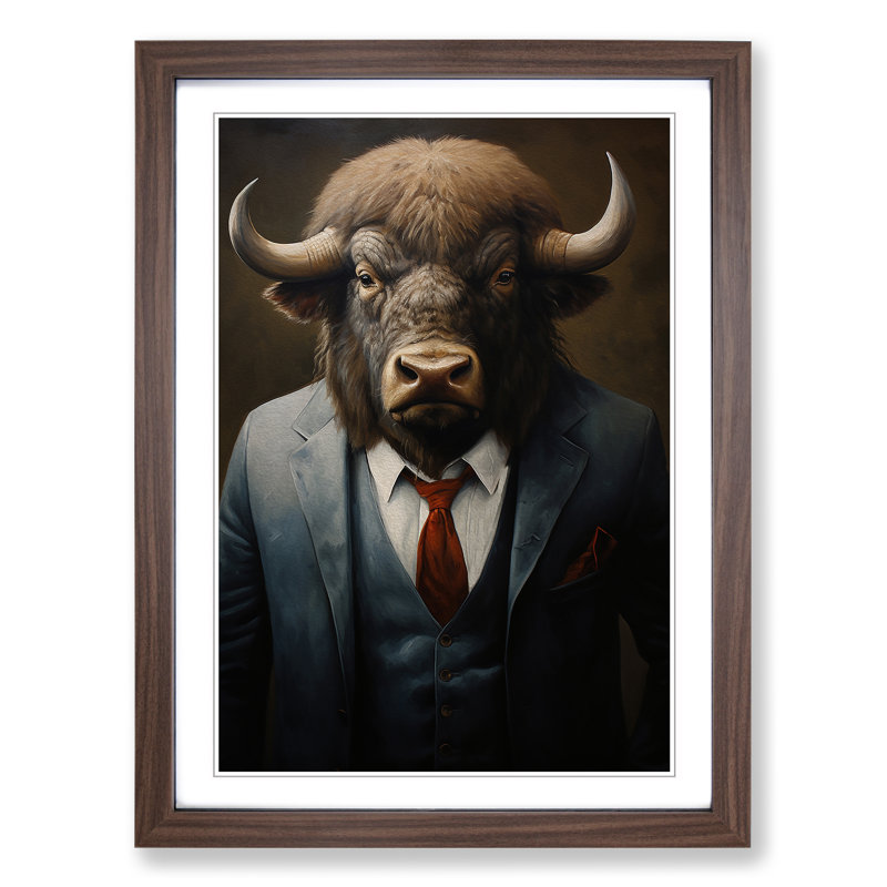 Buffalo In A Suit Painting - Single Picture Frame Print on Wood, Walnut Framed, 34cm H x 25cm W x 2cm D