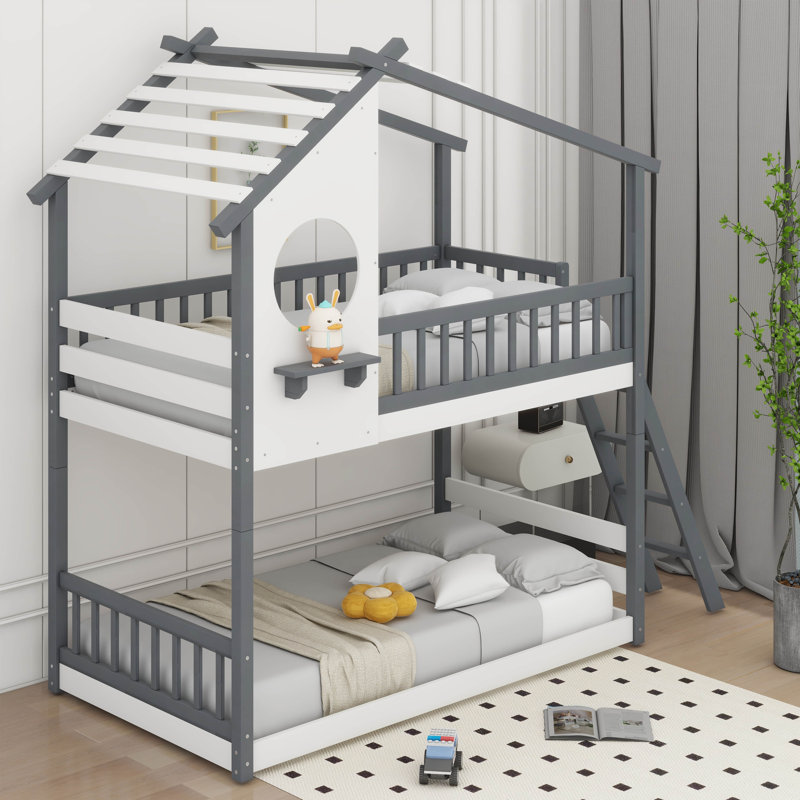 Lit superposé simple au-dessus de simple Alitta avec toit en bois, fenêtre et échelle, Gris