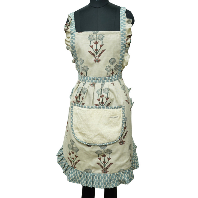  Handmade Block Print Apron – Floral Charm in Natural Linen Blend, Amitabh, Gray