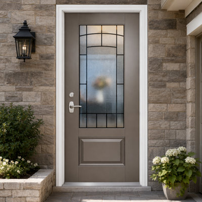 36 In. X 80 In. Brown Fiberglass Front Entry Door With Frosted Glass