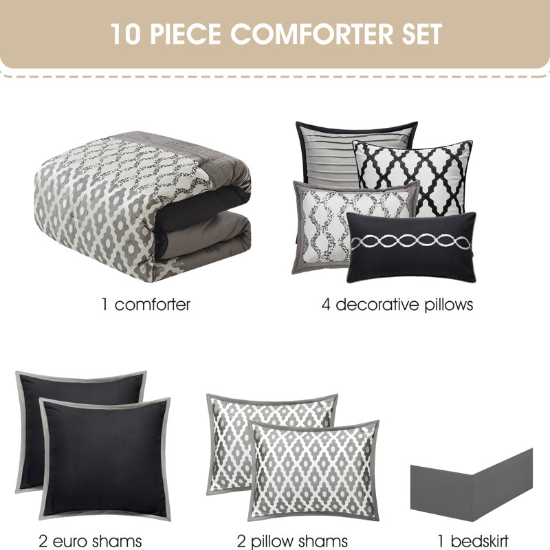 Ensemble d'édredon 10 pièces Caval, Édredon pour très grand lit + 9 pièces supplém, Noir