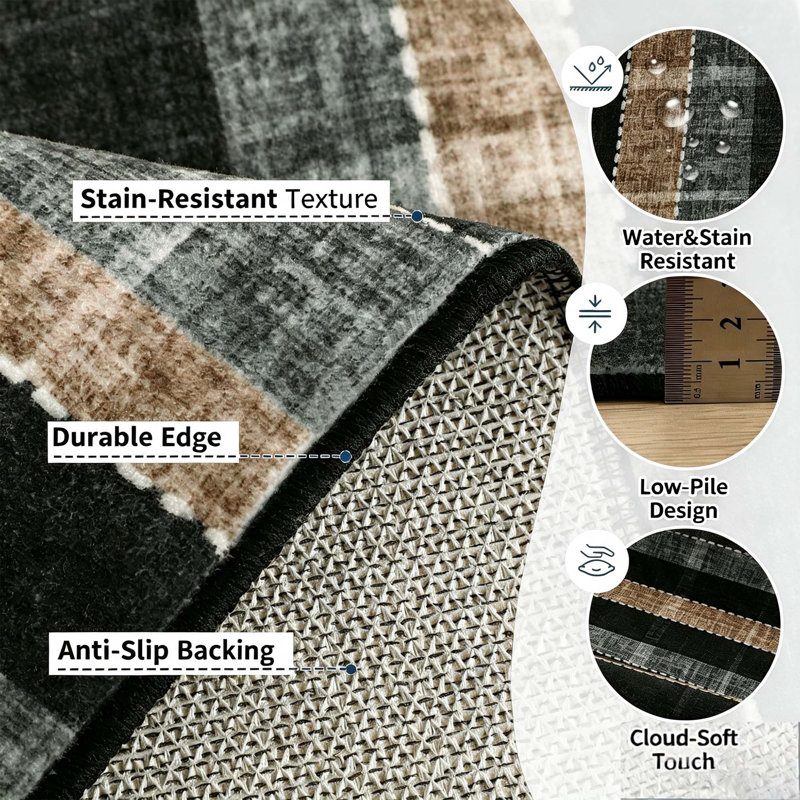 Tapis lavable à carreaux à poils courts avec envers antidérapant, Black, 5 x 7 pi