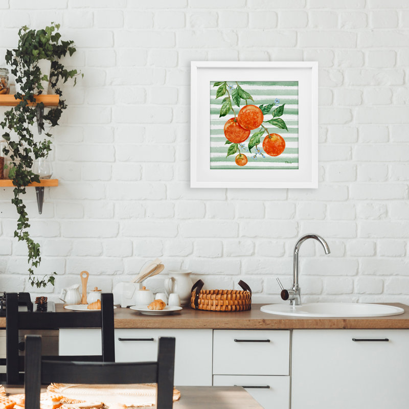 Reproduction sous verre de vigne orange juteuse, design par Paul Brent, H 13 po x l 13 po, Cadre blanc côtier