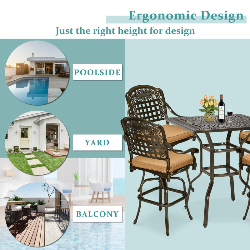 Canora 5-Piece Patio Swivel Bar Set, All-Weather Cast Aluminum Outdoor High Bar Stool Bistro Set For Backyard Garden W/ 4 Cushions Bar Chairs With Footrest And 35.4" Bar Table, 2.2" Umbrella Hole