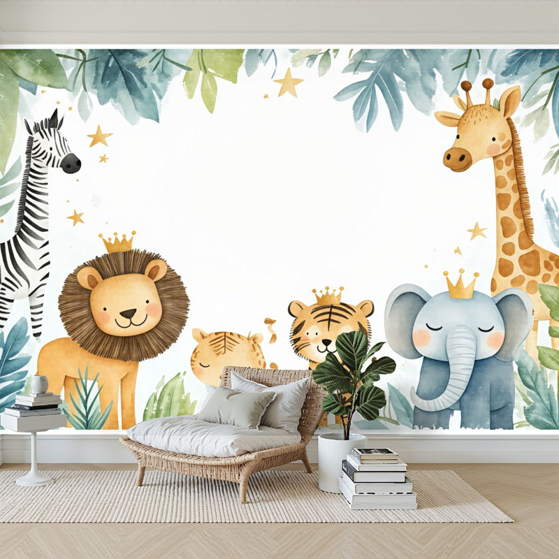 Papier peint adhésif auto-adhésif moderne l 96 po x H 69 po pour animaux de chambre aquarelle éléphanteau zèbre girafe