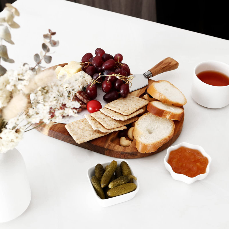 Ensemble de planches à fromage ovales en bois, plateau de service à fromage en bois d'acacia avec marbre blanc, plateau de service à couteaux à charcuterie