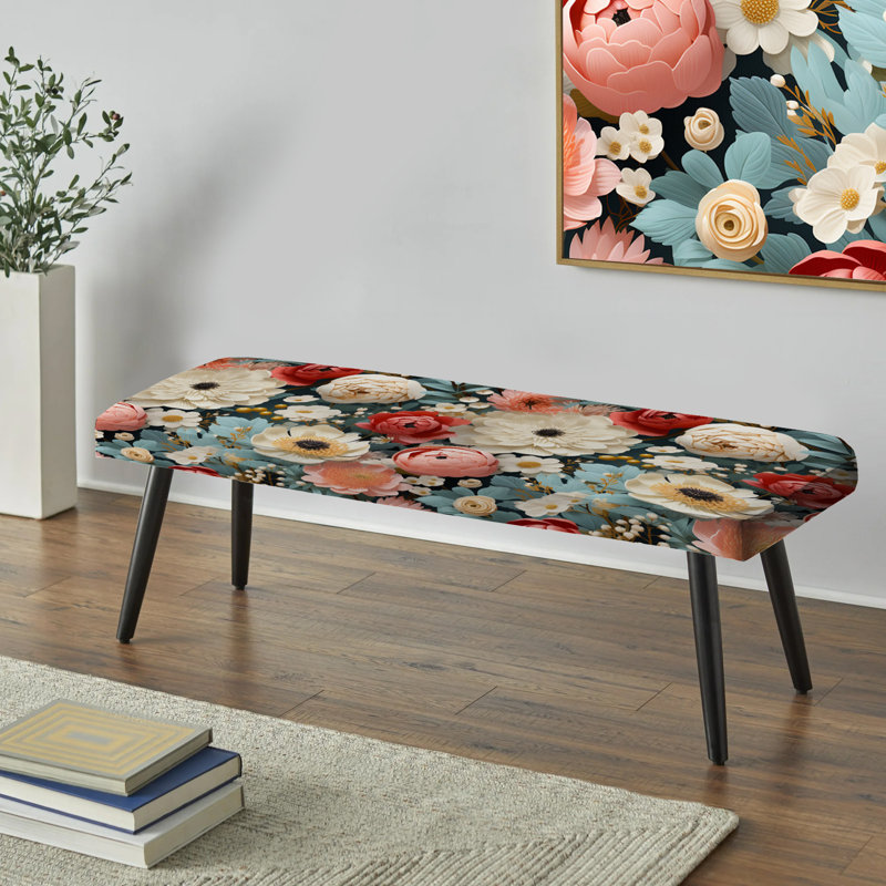 Floral Upholstered Black Bench, Delight Pink And Beige Floral