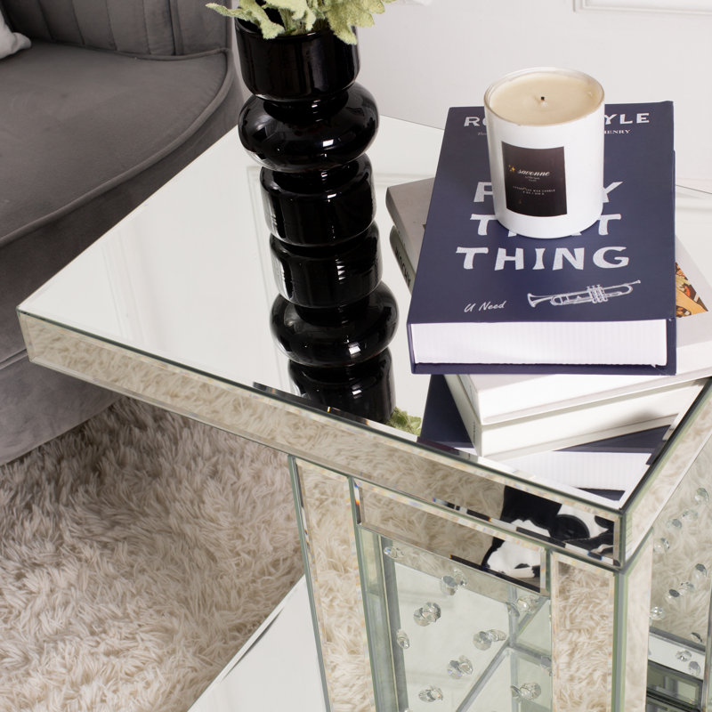 Melle Glass Side Table Mirrored C Shape Sofa Side Table with Storage