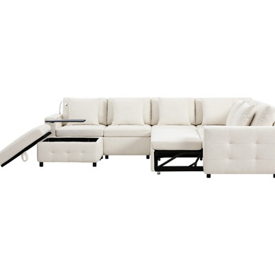 Lit modulaire surdimensionné en chenille surdimensionné de 117 * 90 po avec lampe de lecture réglable, deux ports de charge, table rabattable, rangement, 6 coussins, design pour une maison de retraite confortable et de type C, look, chenille,