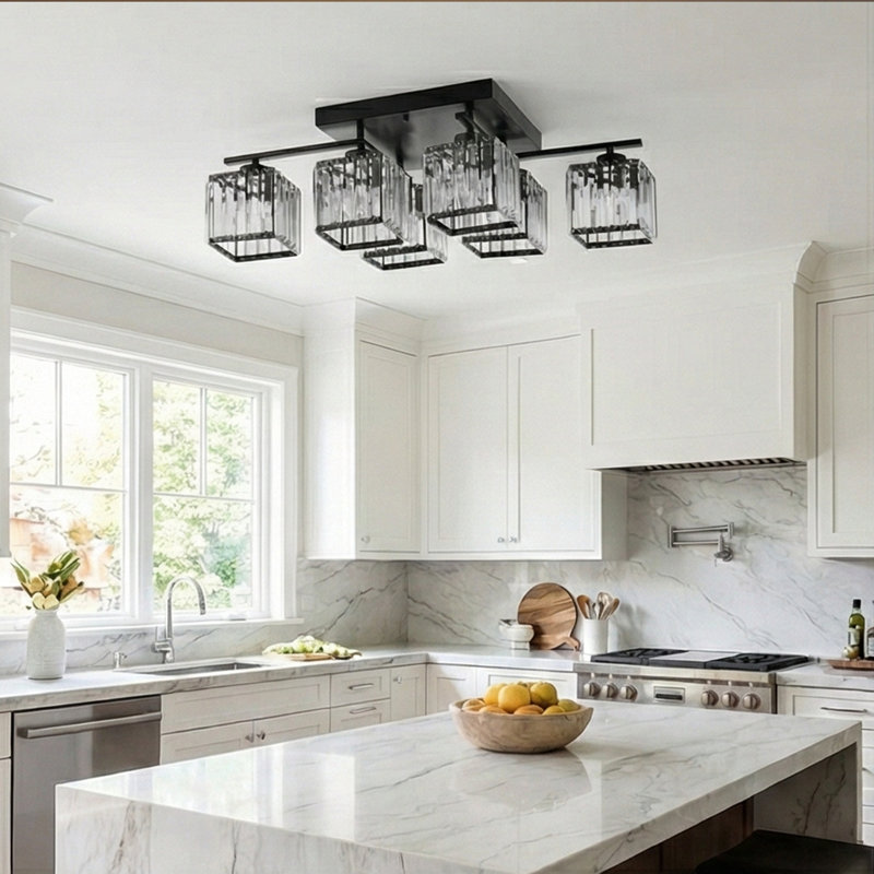 Plafonnier encastré moderne en cristal 6 lumières Cavanagh, 6 lumières, H 8,7 po x l 31,5 po x P 15,7 po, Noir