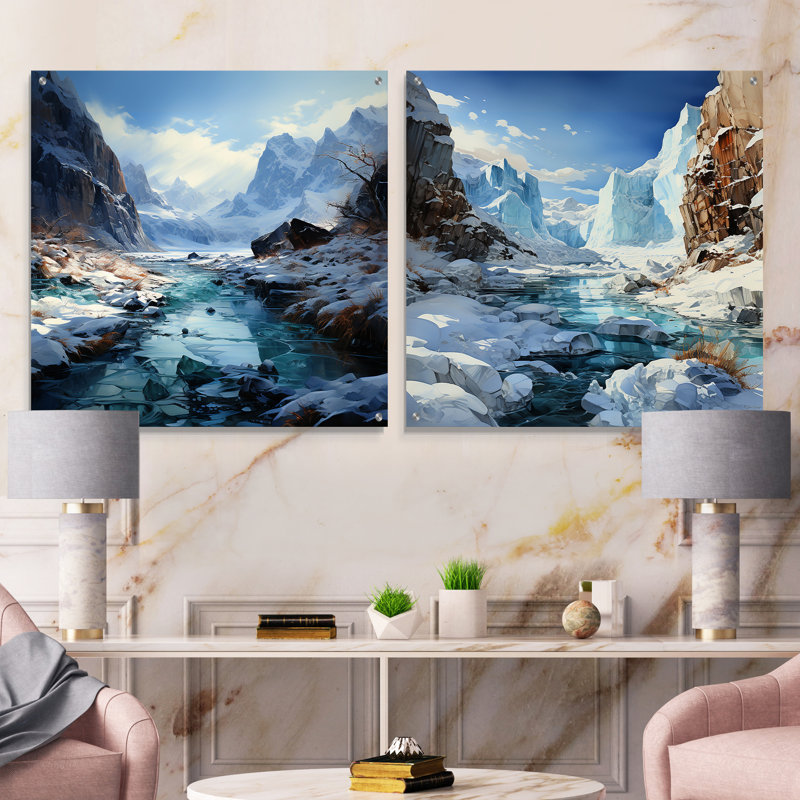 «Island Glacier Charm In Winter», ensemble de 2 peintures murales en acrylique sur glacier, H 16 po x l 33 po