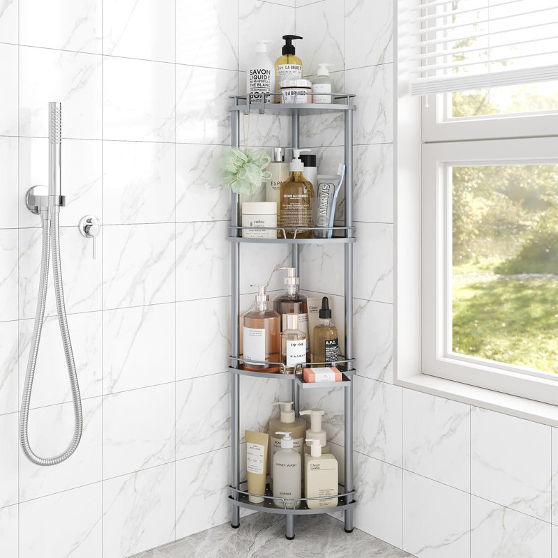 Corner Shower Caddy Stand, 4-Tier Rustproof Metal Shower Organizer With Soap Holder And Hooks, Adjustable Feet For Bathroom Storage