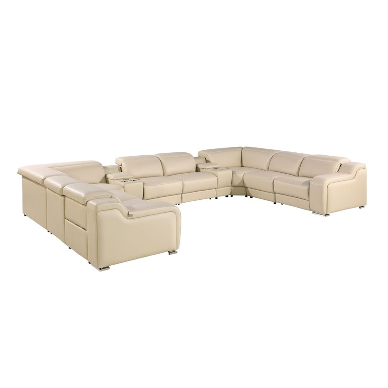 Canapé modulaire en U beige inclinable électrique en cuir beige avec console