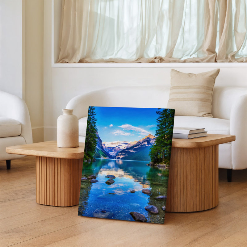 Toile, "Un paysage à couper le souffle avec un lac serein entouré de montagnes majestueuses sous un ciel bleu vif parsemé d'art sur toile"