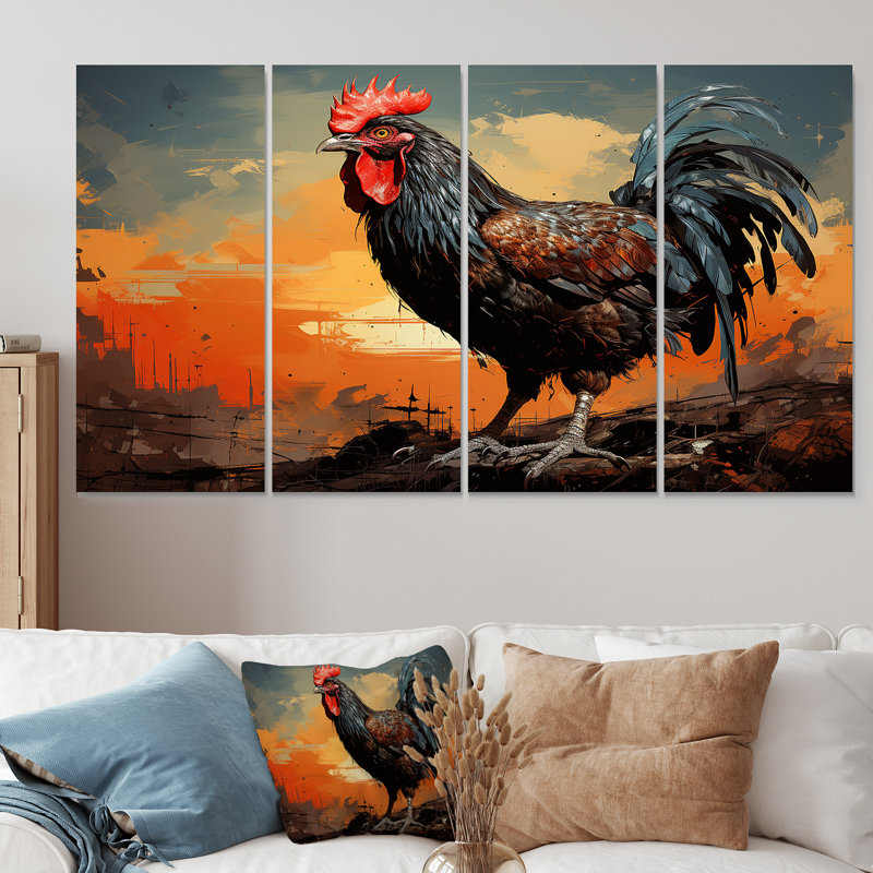 Sunset Roosters Farmyard I - Coq, art mural 4 pièces, H 32 po x l 64 po
