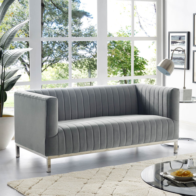 Causeuse en velours Sean, Velours gris, Velours chromé