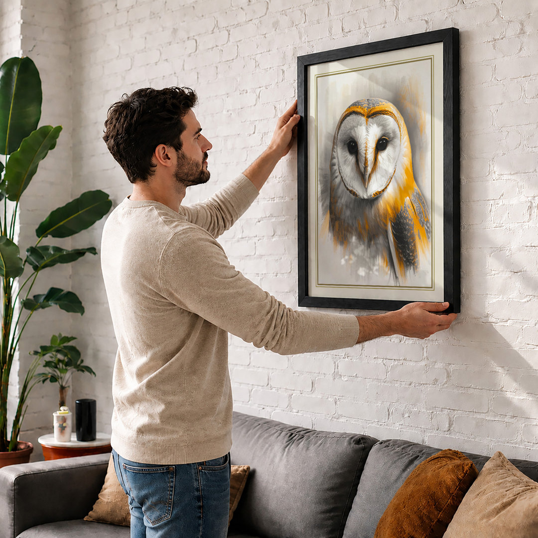 Barn Owl Portrait Japandi - Framed Print