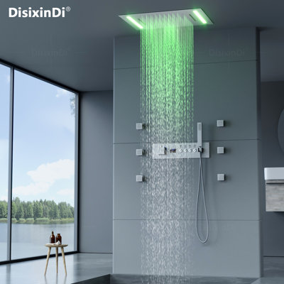 Ceiling Rain LED Shower Head with Handheld Spray Thermostatic Rainfall Shower System Set and Body Jets