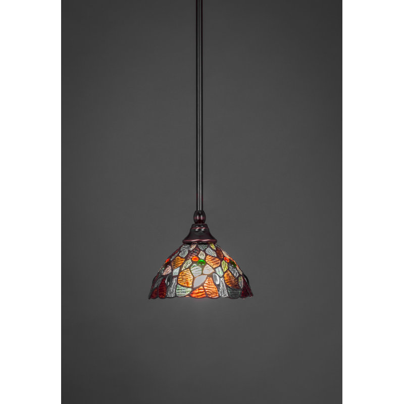 Stem Hung Mini Pendant With 7” Blue Mosaic Art Glass, Black Copper